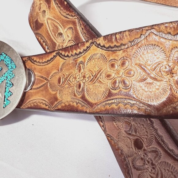 Mexican Silver-Turquoise Belt Buckle-Inlaid Stones/Chips-Tooled Leather Vintage main image 12